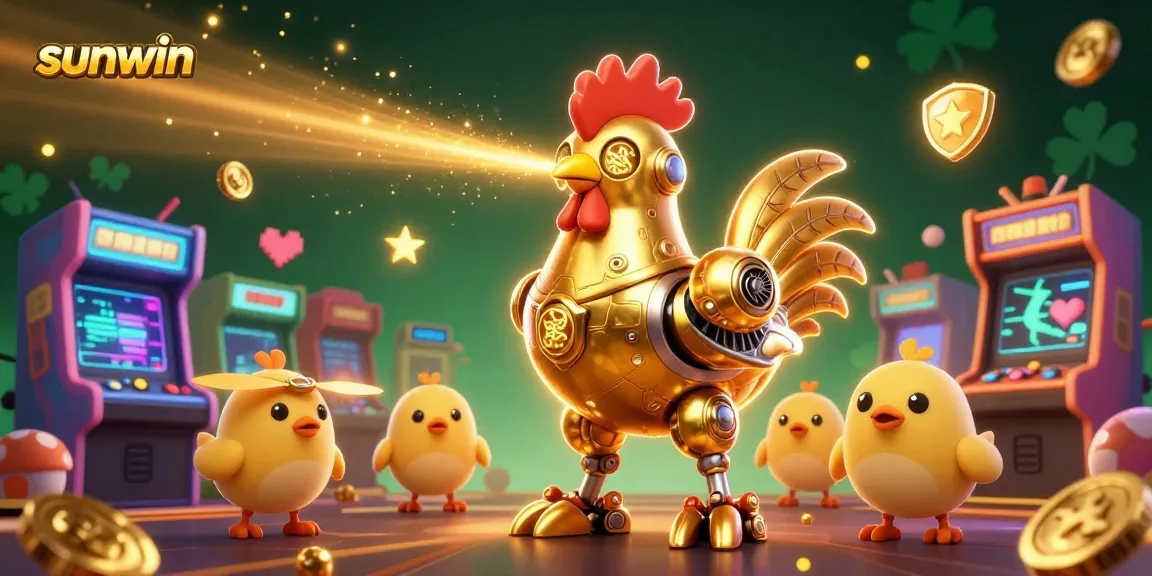 Experience the excitement of sunwin with a vibrant 3D illustration showcasing a golden rooster robot amid arcade and casino elements.