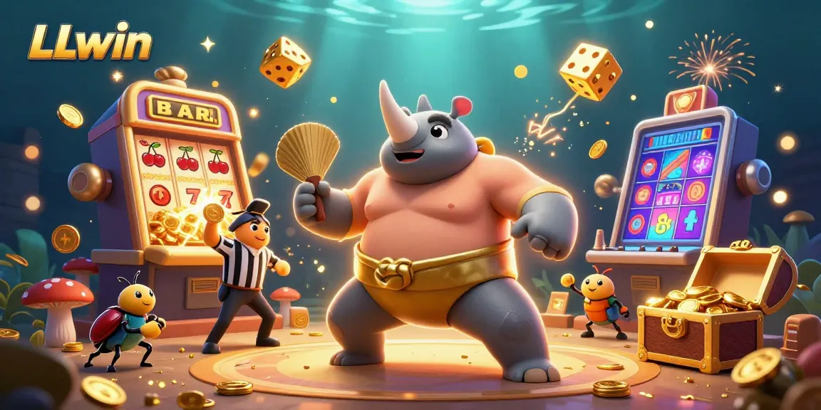 LLwin showcases a dynamic scene with beetle champions, coins flying in a vibrant casino environment.