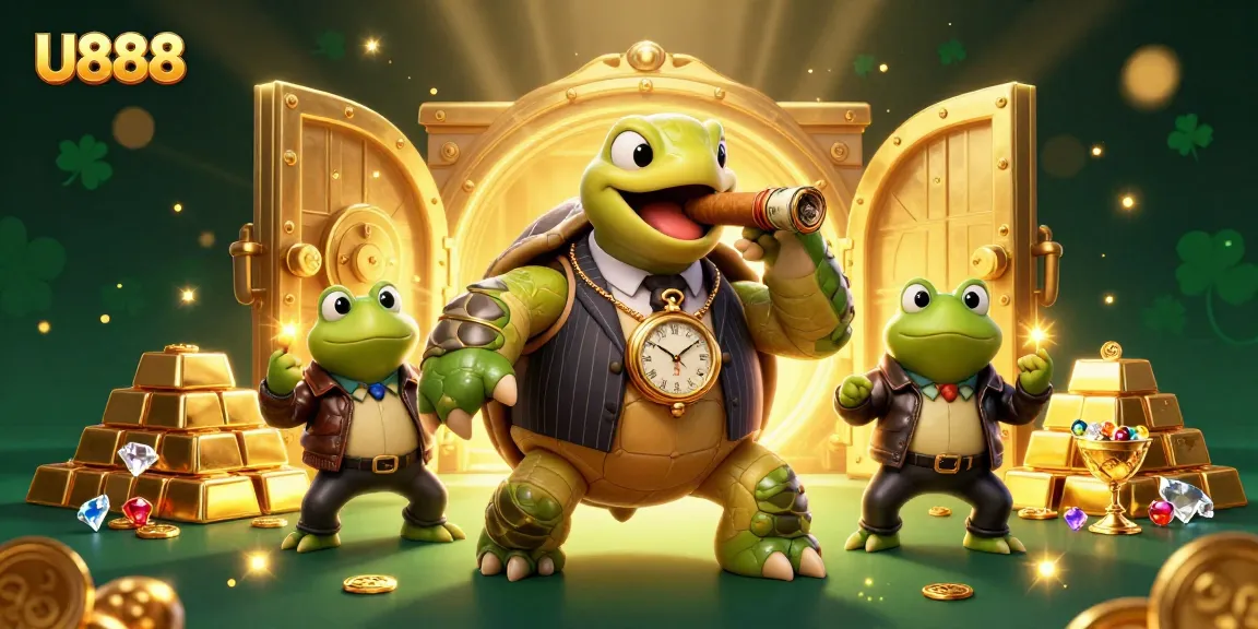 U888 invites players to explore vibrant casino adventures with a cartoon turtle in a mobster suit.