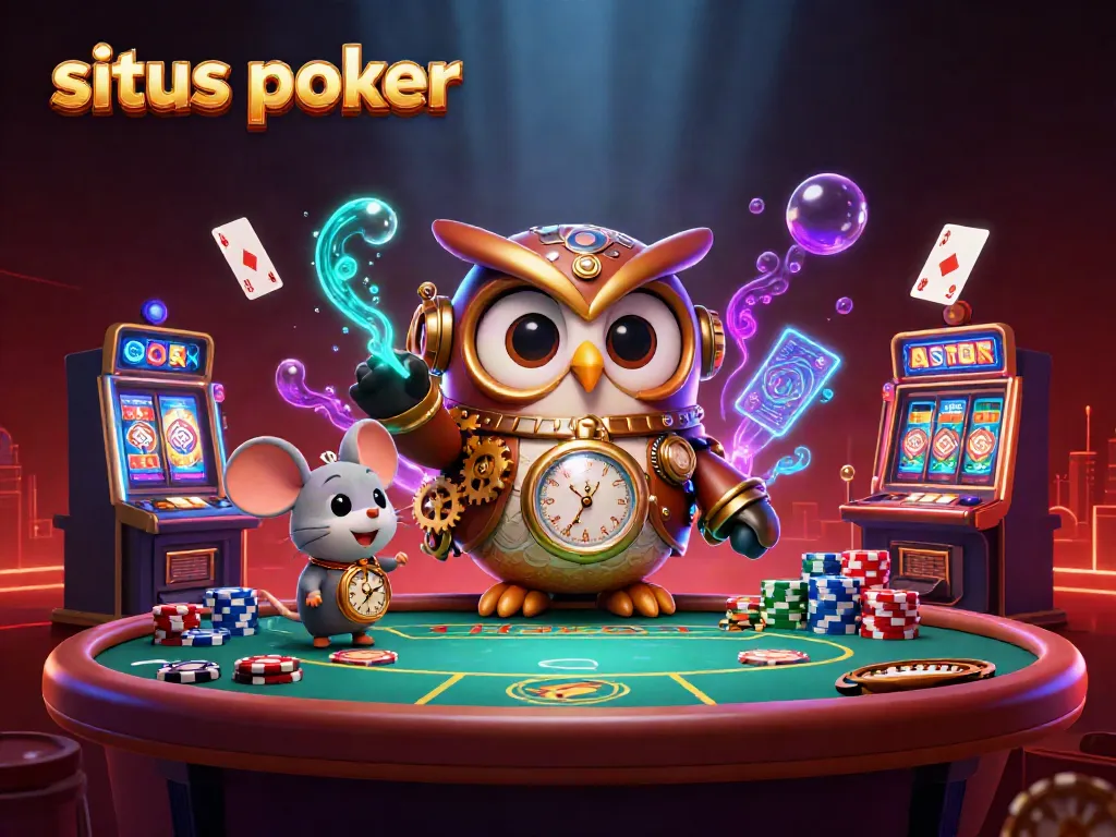 Ilustrasi situs poker yang menarik dengan karakter unik di lingkungan kasino futuristik.