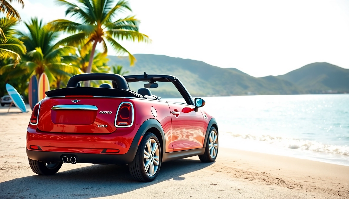 Experience the mini cooper convertible st barts parked against a stunning tropical background.