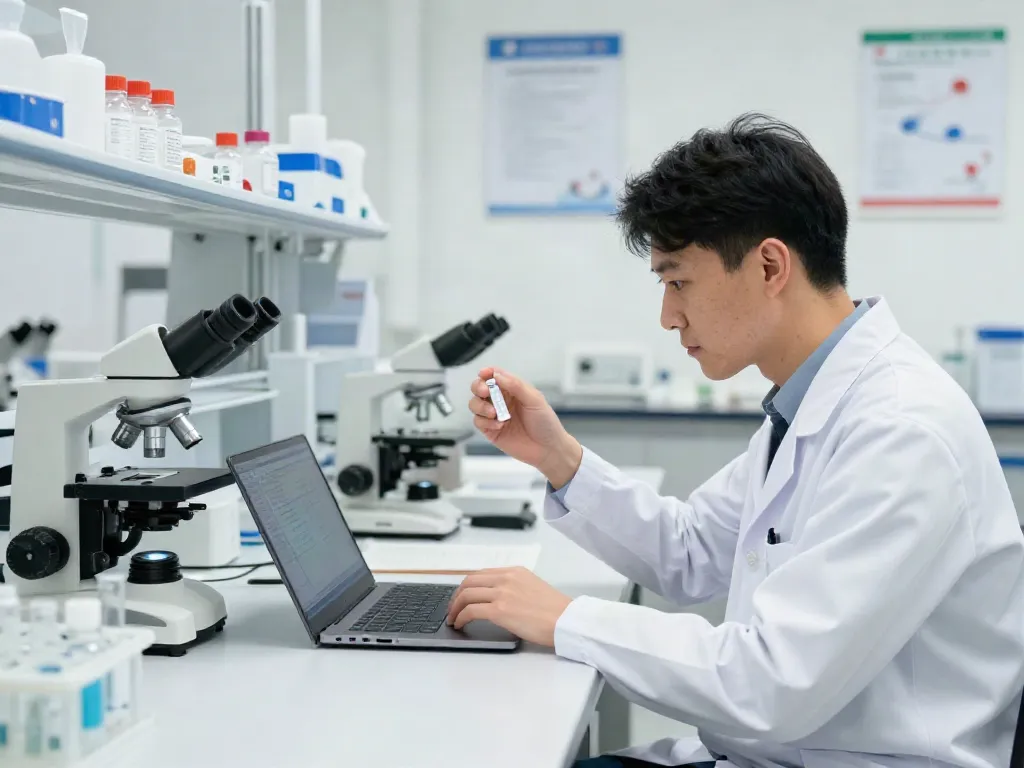 Researcher analyzing Swiss Chems peptides in a professional lab setting.