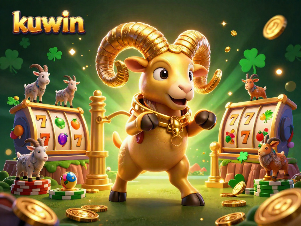 Kuwin casino action featuring a massive golden ram amidst slot reels and gold coins.