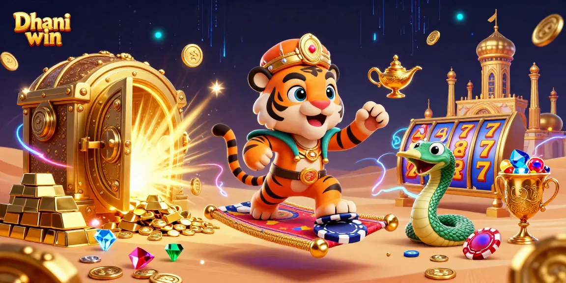 Dive into Dhani win's thrilling gaming adventure with an Arabian-themed casino scene showcasing vibrant elements and energy.