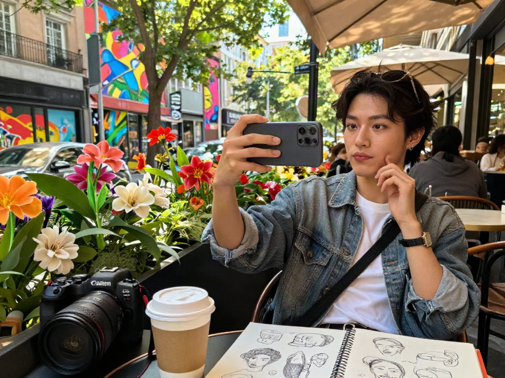 Test attractiveness with a selfie in an urban café, showcasing style and confidence in 2026.