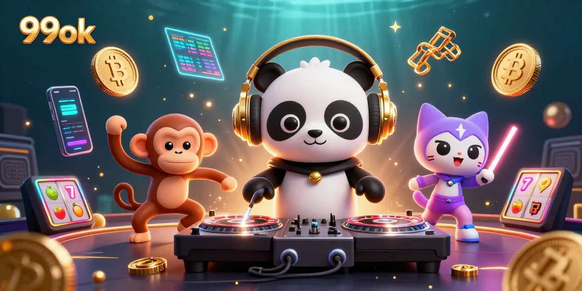 Engage with 99ok's vibrant casino scene featuring dynamic DJ panda and playful characters.