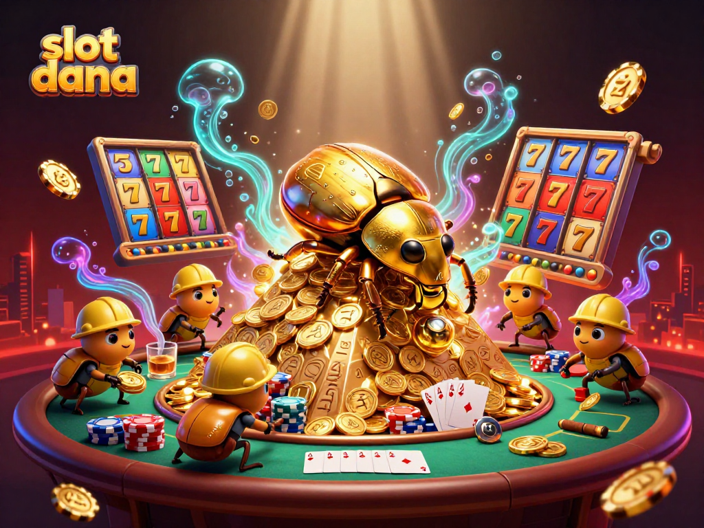 Spin slot dana games with golden beetles rolling coins to jackpot, vibrant casino atmosphere.
