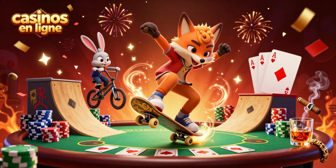 Les casinos en ligne offrent une aventure avec un renard en skateboard et un lapin BMX sur des jetons en or.