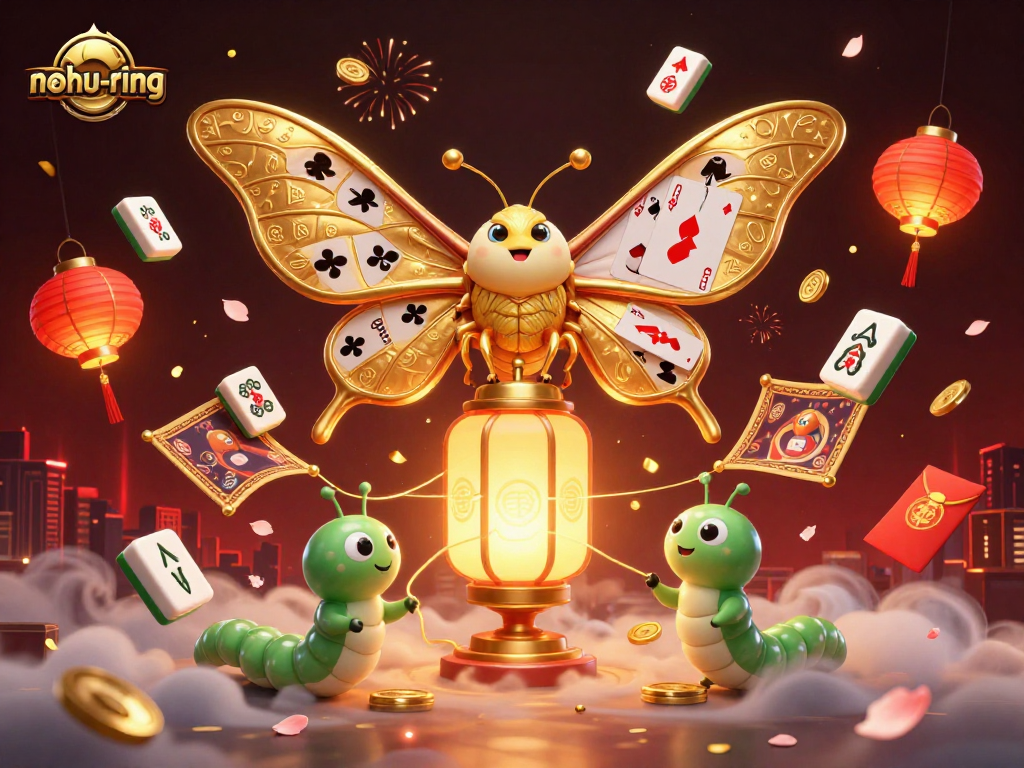 Noh-ring jackpot excitement with a golden atlas moth and vibrant casino elements
