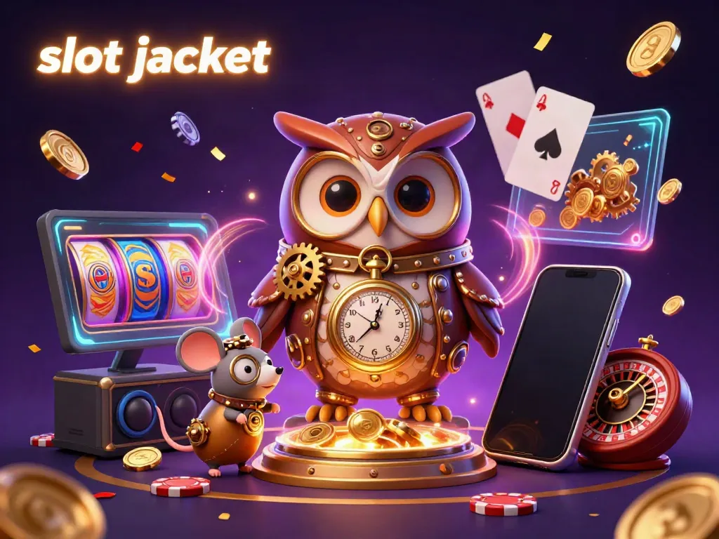 Experience thrilling slot jackpot action with a steampunk owl and a clockwork mouse in a vibrant casino scene.