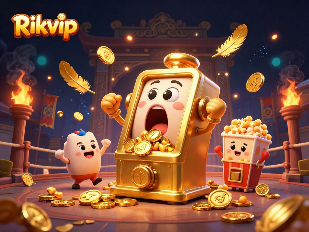 Experience excitement with Rikvip as the golden slot machine hits a jackpot, coins flying everywhere!