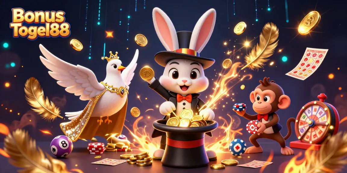 Engage with Bonus Togel88 as a magician rabbit pulls golden coins, enhancing the lottery experience.