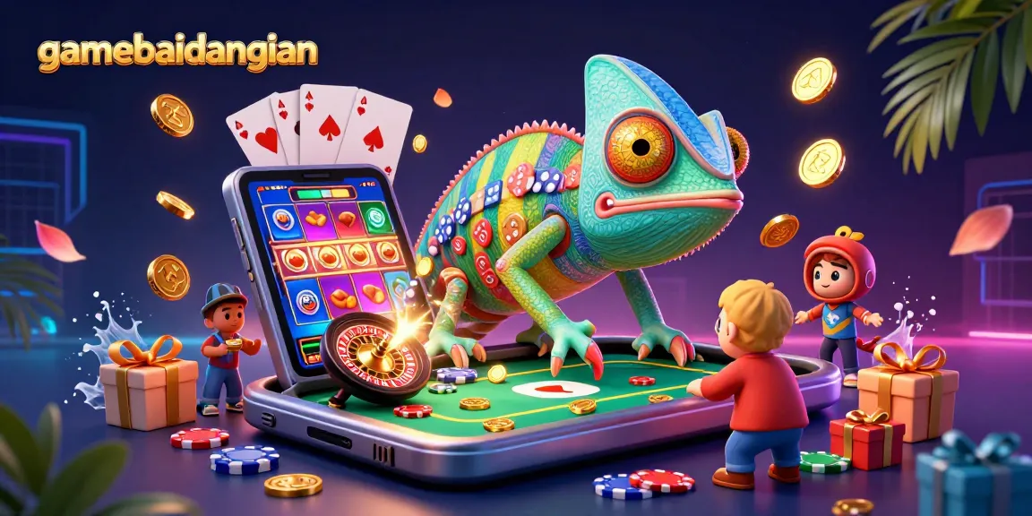 Engage with the thrilling gamebaidangian experience featuring vibrant casino elements and a vivid chameleon character.