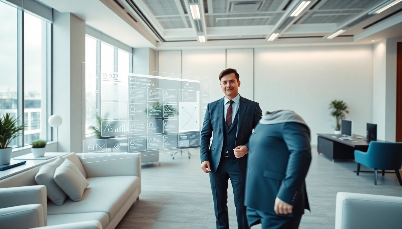 Visualize the transition to replace executive assistant with AI through a professional office interaction.