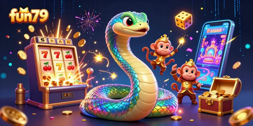 Engage with the vibrant fun79 casino universe featuring a magical scene of winning symbols and thrilling games.