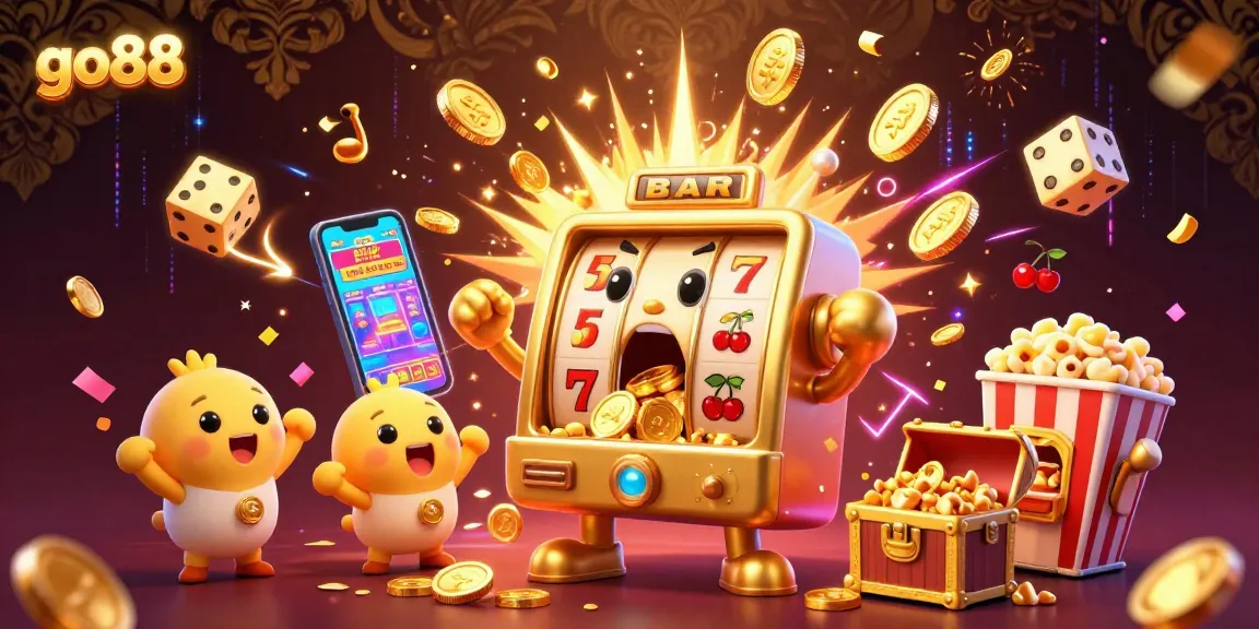 Celebrate jackpots with the go88 golden slot machine's big win, coins, and cheering machines.