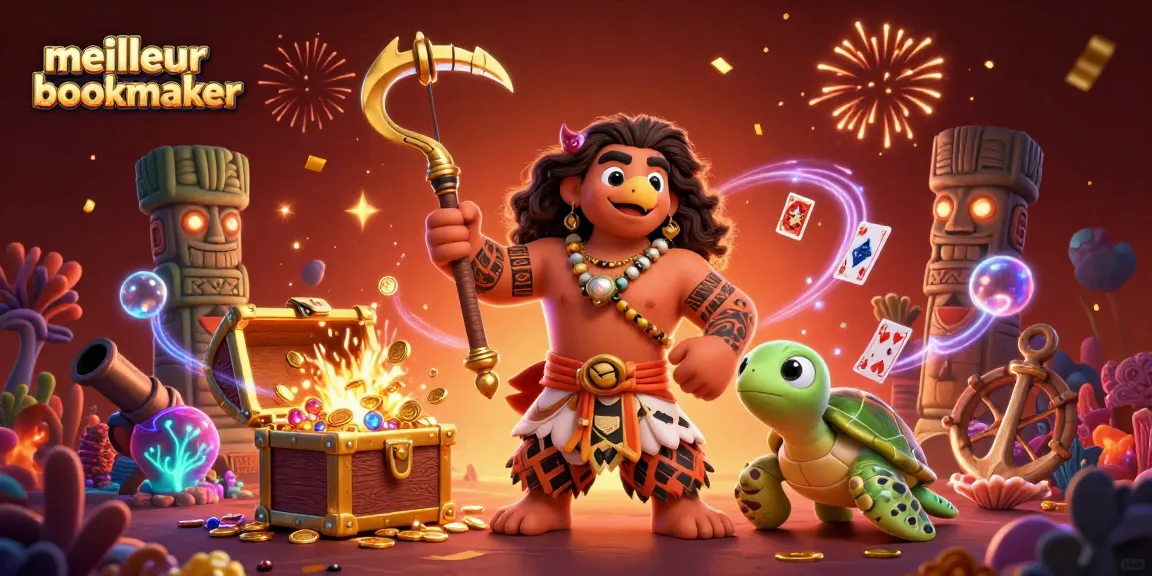 Gagnez avec le meilleur bookmaker, une illustration d'un dieu polynésien au casino vibrant et animé.