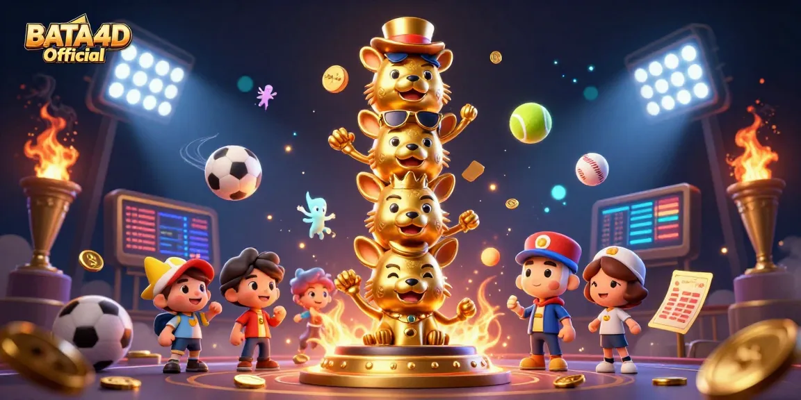 BATA4D Official showcases an exciting scene with a golden totem pole and dynamic sports betting elements.