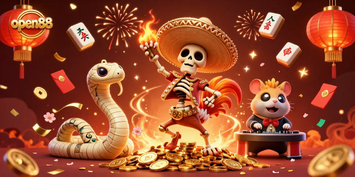 Experience the thrill of open88 with vibrant characters and festive casino elements celebrating winning moments.