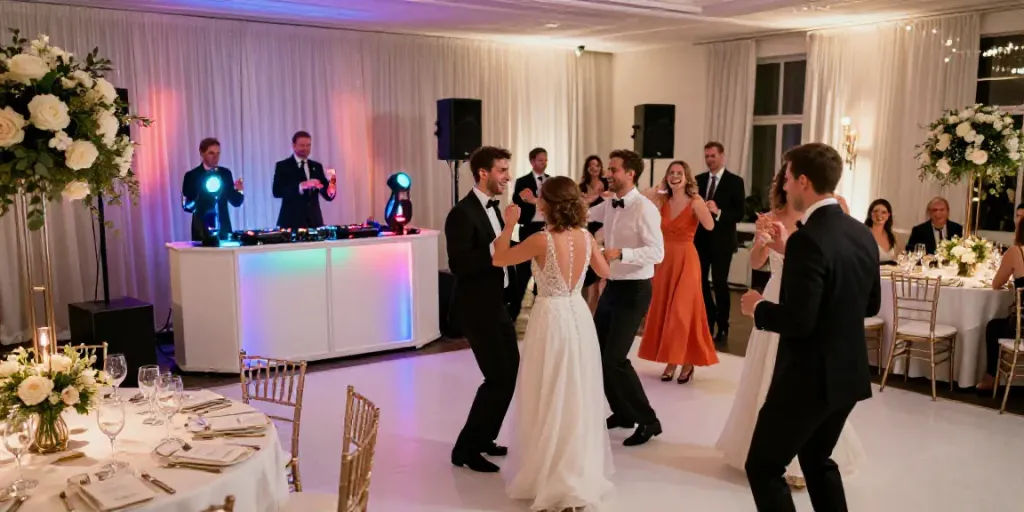 Hochzeit DJ Berlin Brandenburg creating an energetic atmosphere with guests dancing and elegant decor.