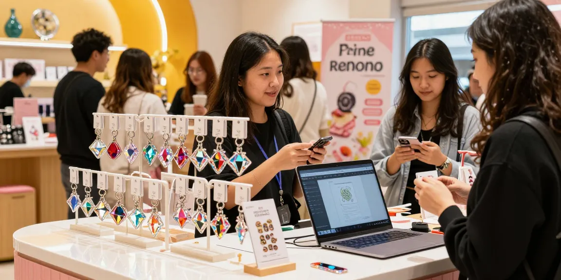 Engaging retail display featuring Custom Acrylic Diamond Keychain, showcasing vibrant designs and customer interaction in a lively atmosphere.