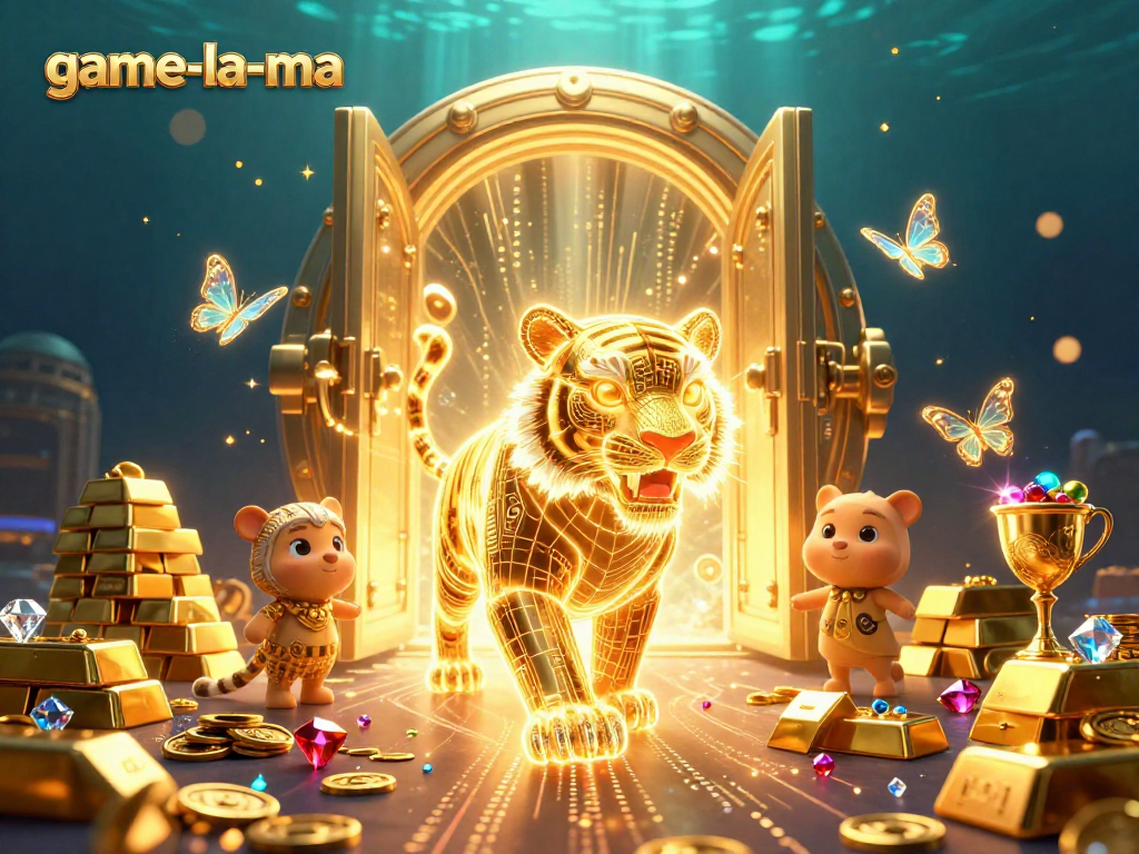 Experience game-la-ma's vibrant casino atmosphere featuring a golden tiger amidst treasures.