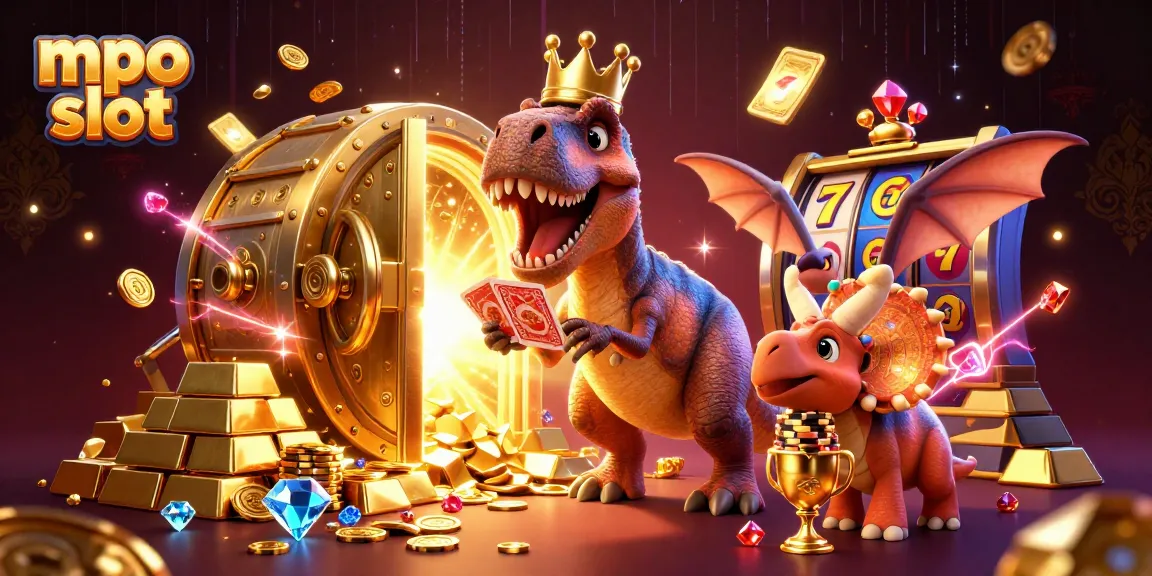 Engage in mpo slot gameplay with a vibrant scene featuring a T-Rex, pterodactyl, and triceratops amidst gold and slot elements.