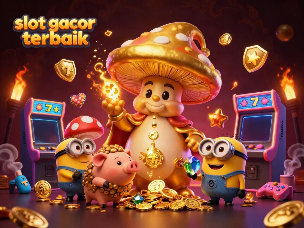 Menangkan pengalaman bermain slot gacor terbaik dengan gambar karakter 3D yang penuh harta dan simbol permainan.