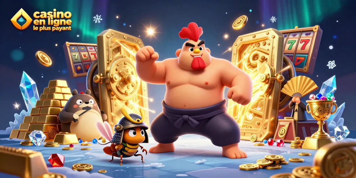 Illustration captivante représentant "casino en ligne le plus payant" avec un sumo, un criquet et un tanuki entourés de trésors.