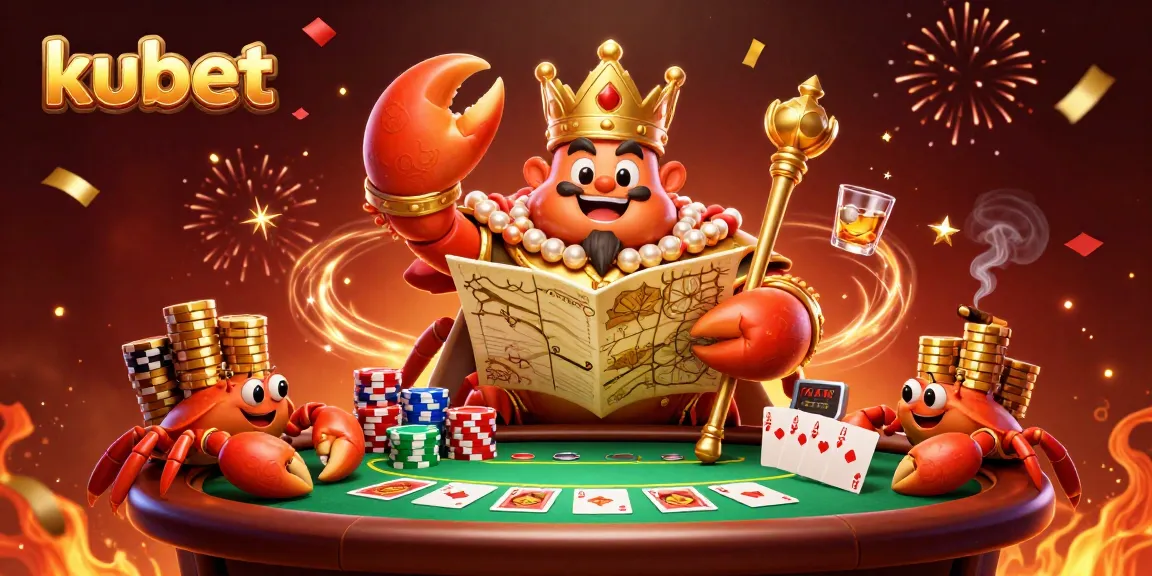 Kubet features a vibrant 3D scene with a golden crab emperor ruling over a thrilling poker game.