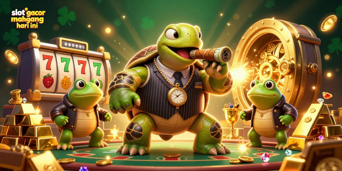 Engage with slot gacor mahjong hari ini in an exciting cartoon scene featuring a snapping turtle and bullfrog enforcers.