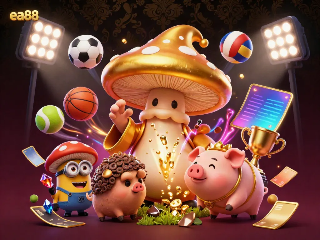 Experience the magic of ea88 with a golden wizard and treasure-hunting pig amidst vibrant sports elements.