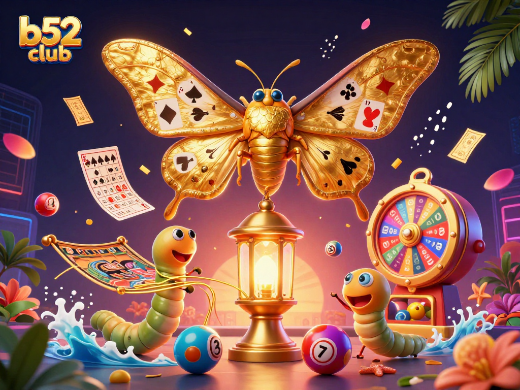 Experience the excitement of b52club with vibrant casino illustrations of lottery games and golden moments.