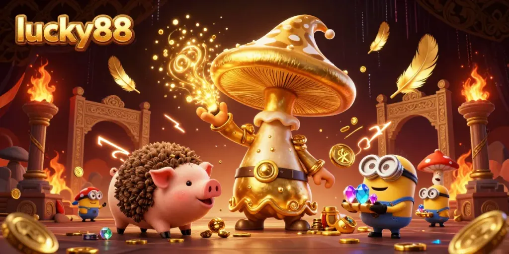 Experience the thrill of lucky88 with a golden wizard and treasure-seeking pig in a dynamic casino scene.
