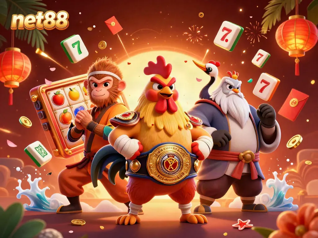 Engaging net88 illustration showcasing vibrant slot game elements with unique characters and dynamic action.